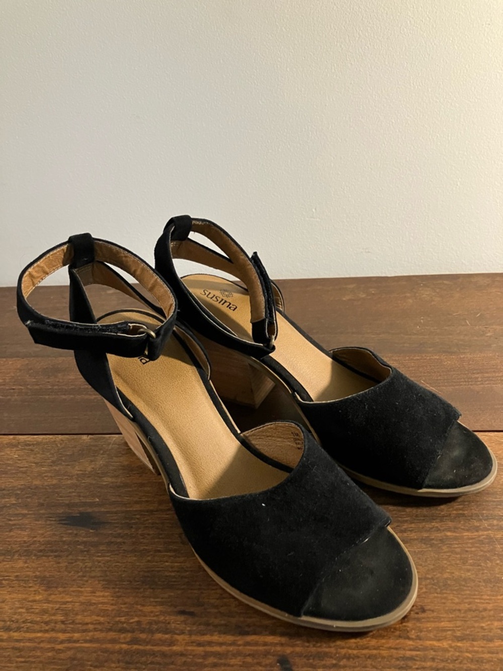 Susina Black Suede Open-Toe Ankle Strap Block Heels